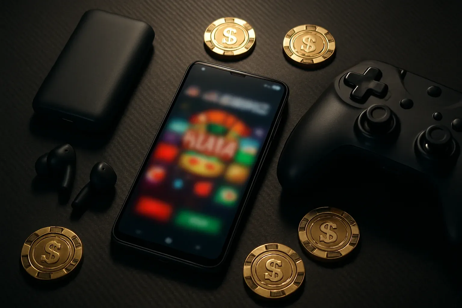 Ultra-realistic flat-lay of Android phone with casino app and accessories