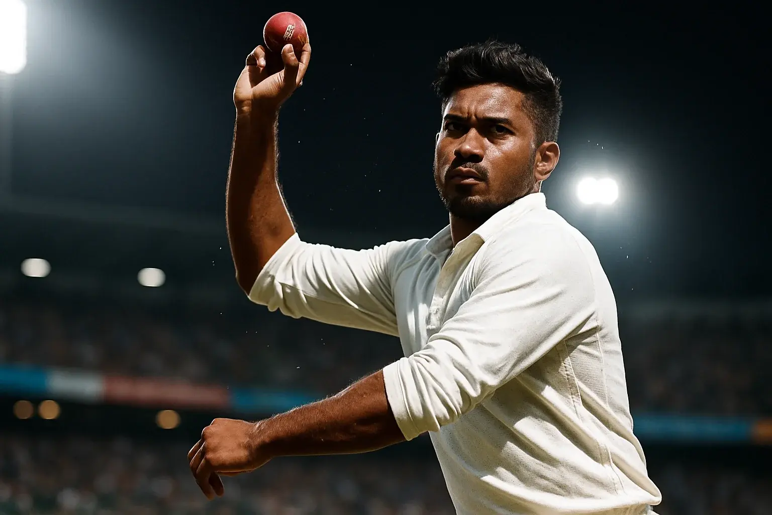 Ultra-realistic Bangladeshi male cricket bowler delivering ball under stadium lights