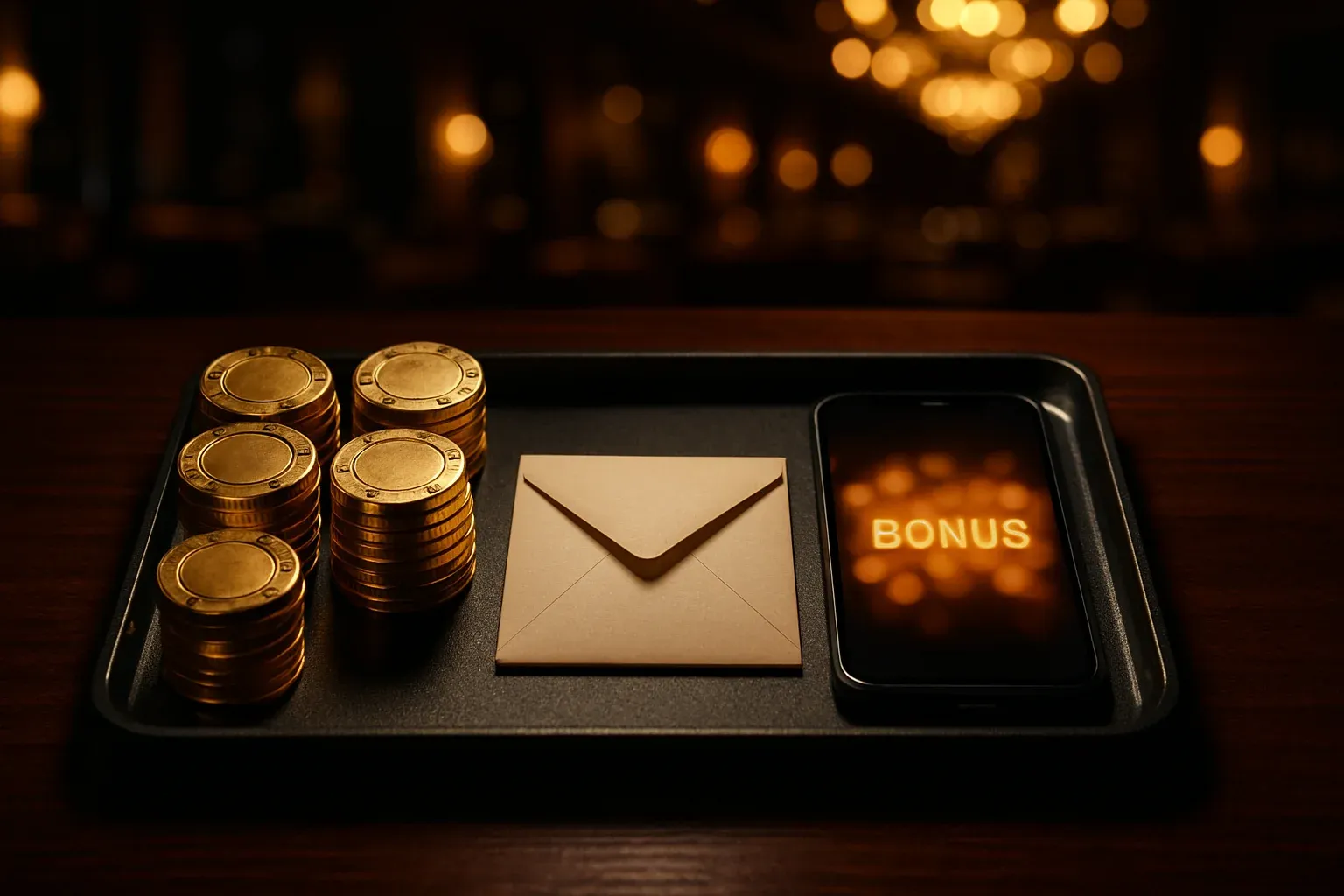 VIP casino bonus tray with golden chips, gift envelope, and smartphone