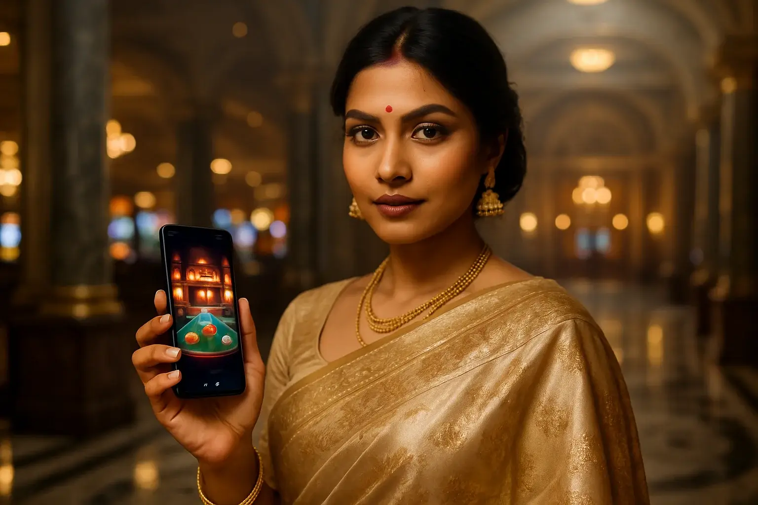 Glamorous Bangladeshi woman in silk saree holding glowing smartphone in casino hall