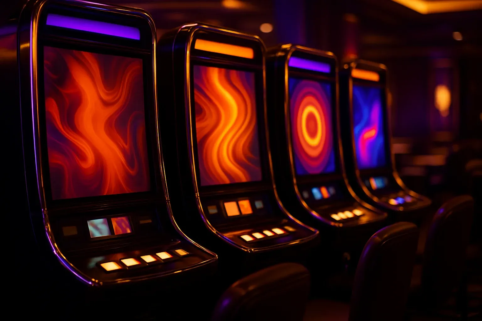 Ultra-realistic modern casino game screens glowing in neon lounge lighting
