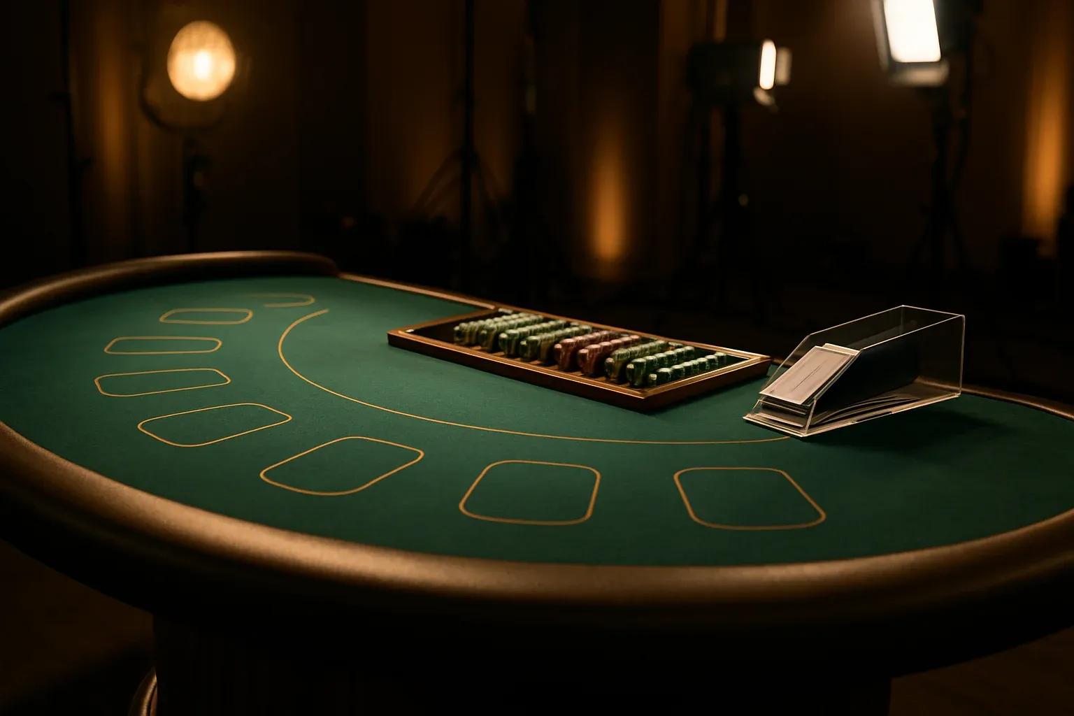 Ultra-realistic live blackjack table in premium casino studio with warm lighting