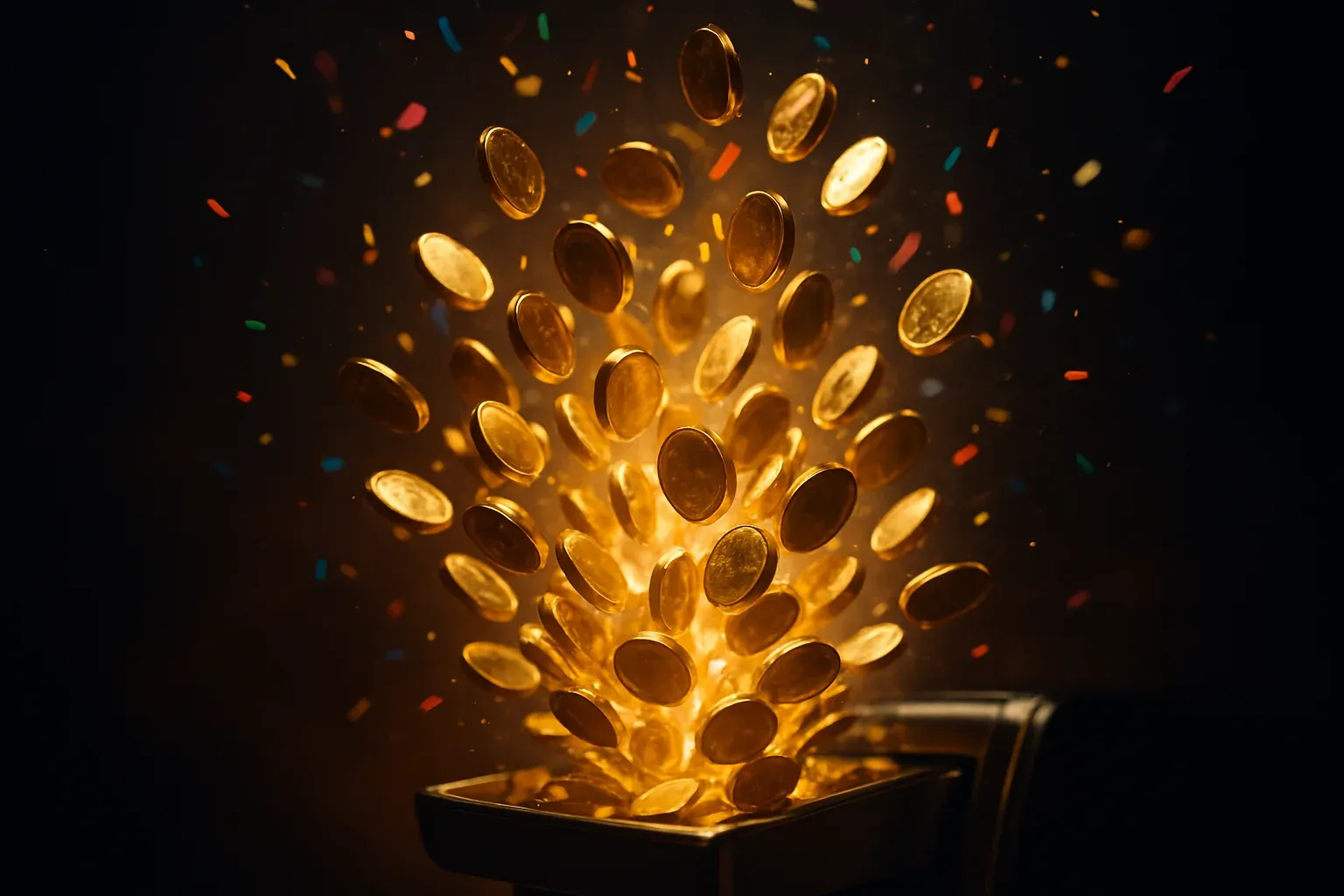 Golden coins bursting from slot machine tray with confetti on dark background